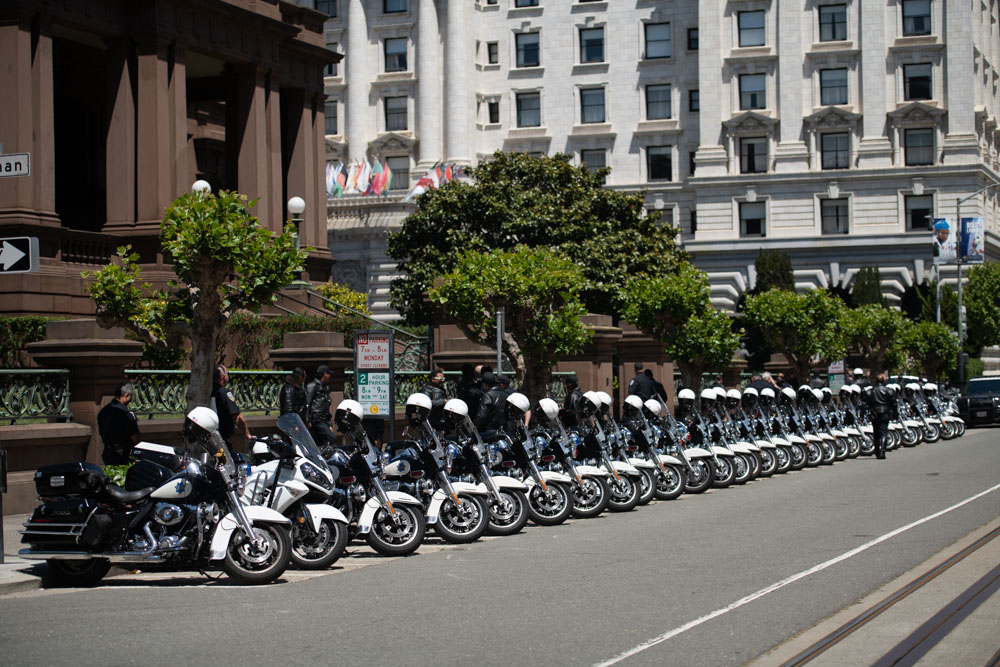 SFPD motorcycle unit lined up in a row